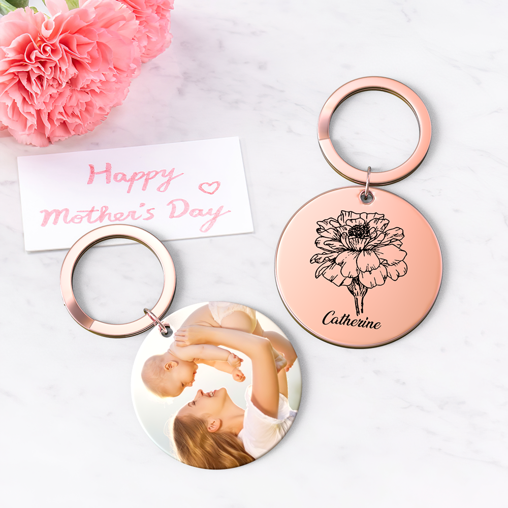 Custom Photo Keychain Personalized Month Flower Mothers Day Gifts for Mum - SantaSocks
