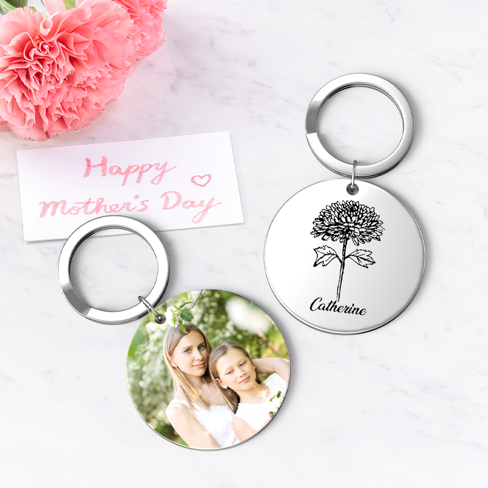 Custom Photo Keychain Personalized Month Flower Mothers Day Gifts for Mum - SantaSocks
