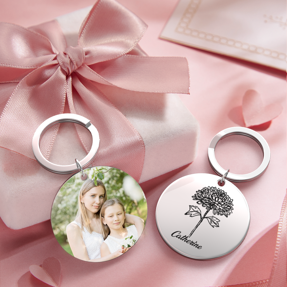 Custom Photo Keychain Personalized Month Flower Mothers Day Gifts for Mum - SantaSocks