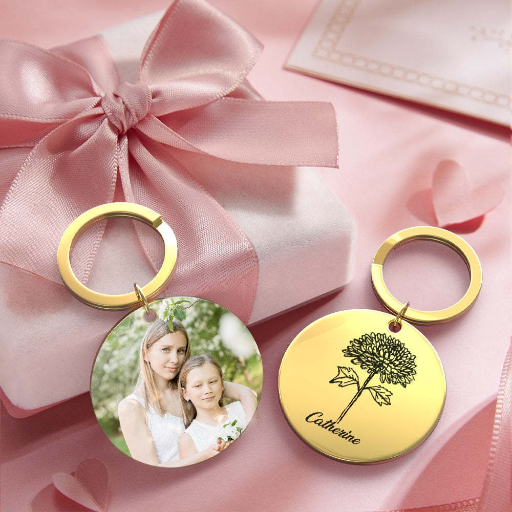 Custom Photo Keychain Personalized Month Flower Mothers Day Gifts for Mum - SantaSocks
