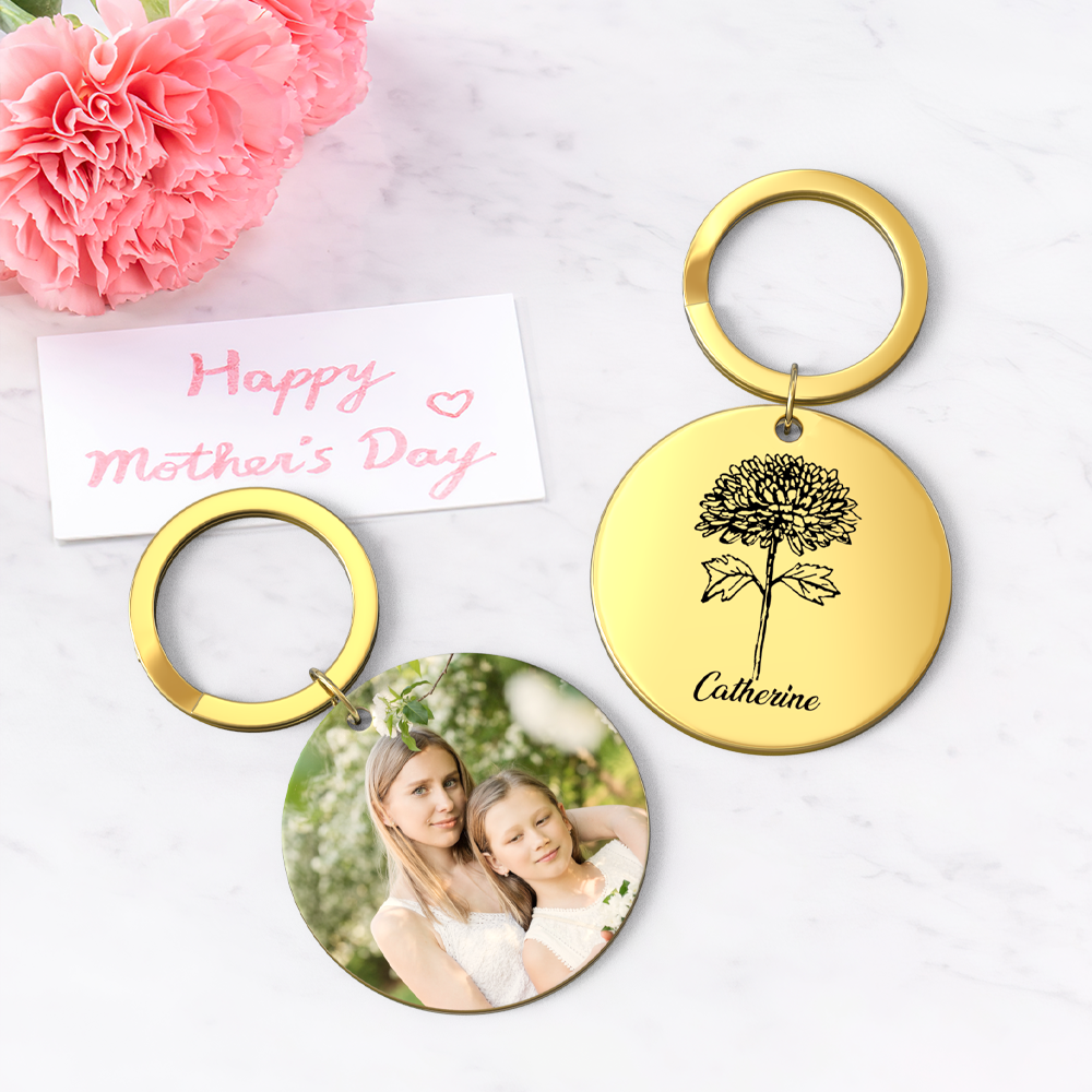 Custom Photo Keychain Personalized Month Flower Mothers Day Gifts for Mum - SantaSocks
