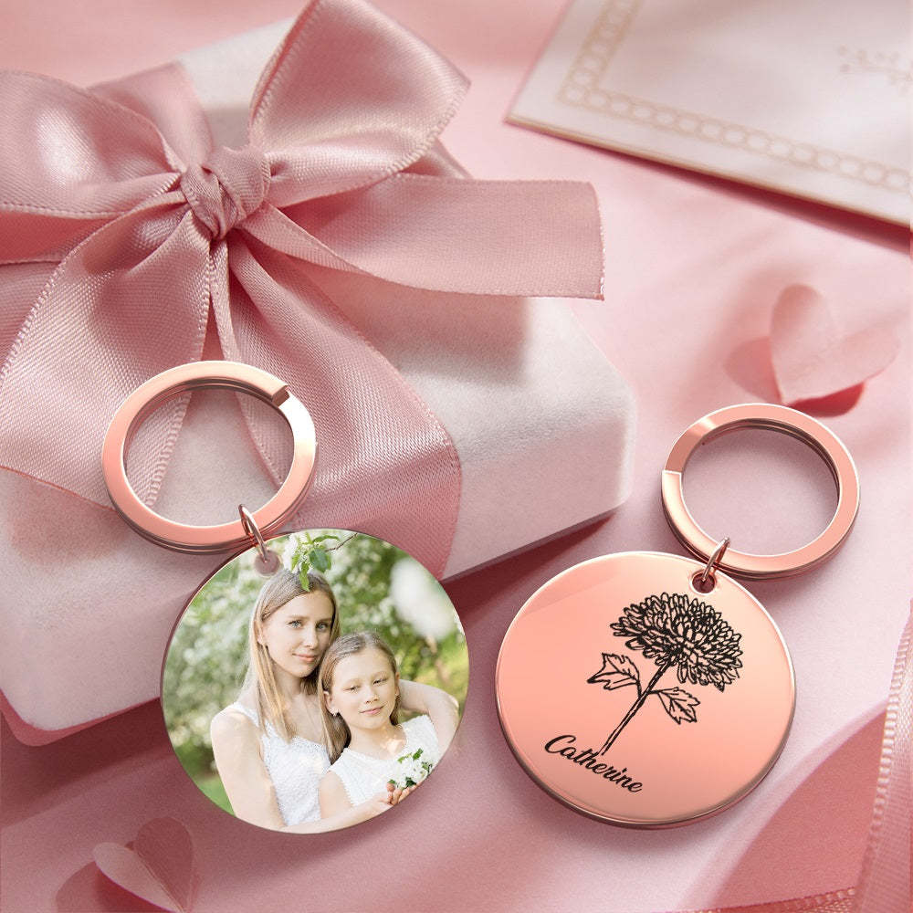Custom Photo Keychain Personalized Month Flower Mothers Day Gifts for Mum - SantaSocks