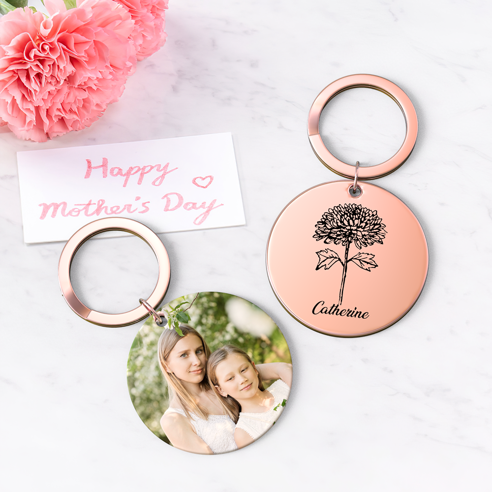 Custom Photo Keychain Personalized Month Flower Mothers Day Gifts for Mum - SantaSocks