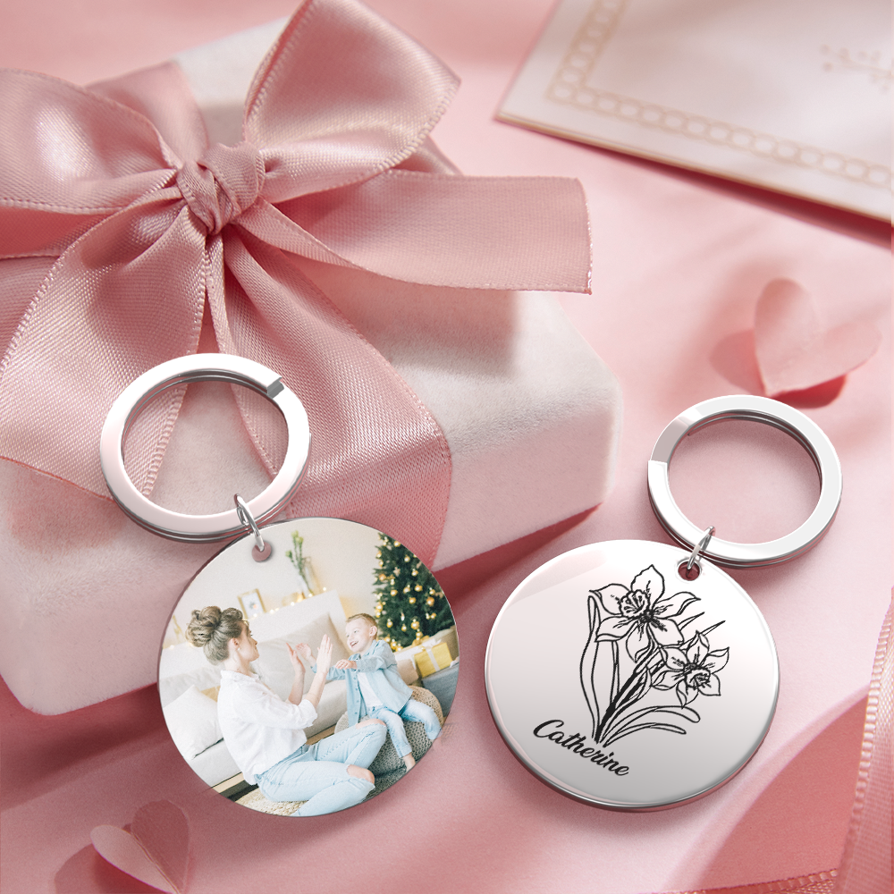 Custom Photo Keychain Personalized Month Flower Mothers Day Gifts for Mum - SantaSocks