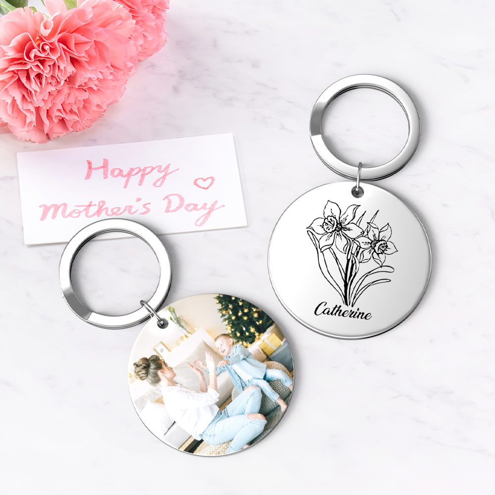 Custom Photo Keychain Personalized Month Flower Mothers Day Gifts for Mum - SantaSocks