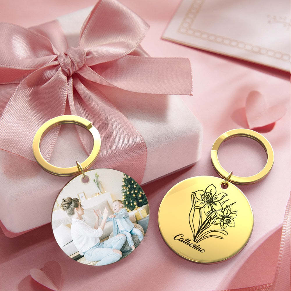 Custom Photo Keychain Personalized Month Flower Mothers Day Gifts for Mum - SantaSocks