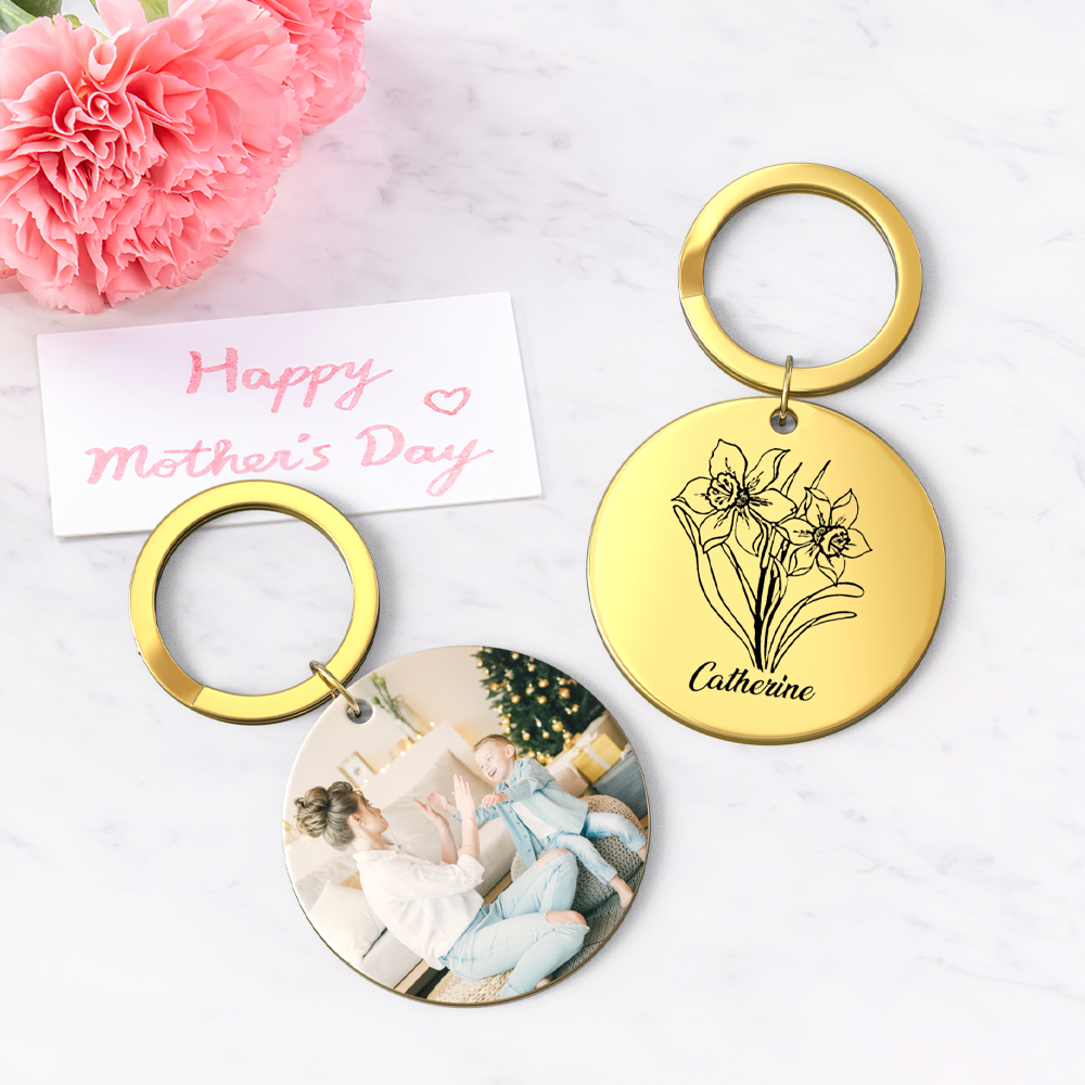 Custom Photo Keychain Personalized Month Flower Mothers Day Gifts for Mum - SantaSocks