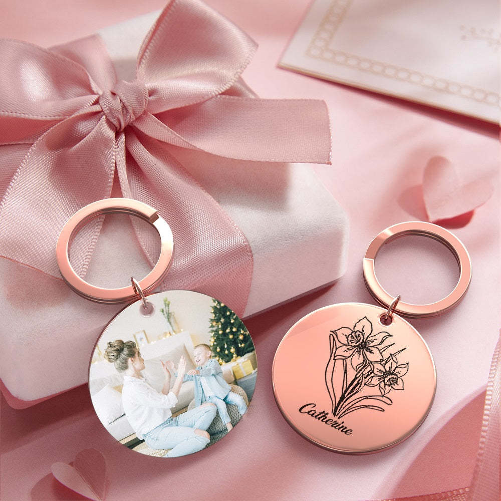 Custom Photo Keychain Personalized Month Flower Mothers Day Gifts for Mum - SantaSocks