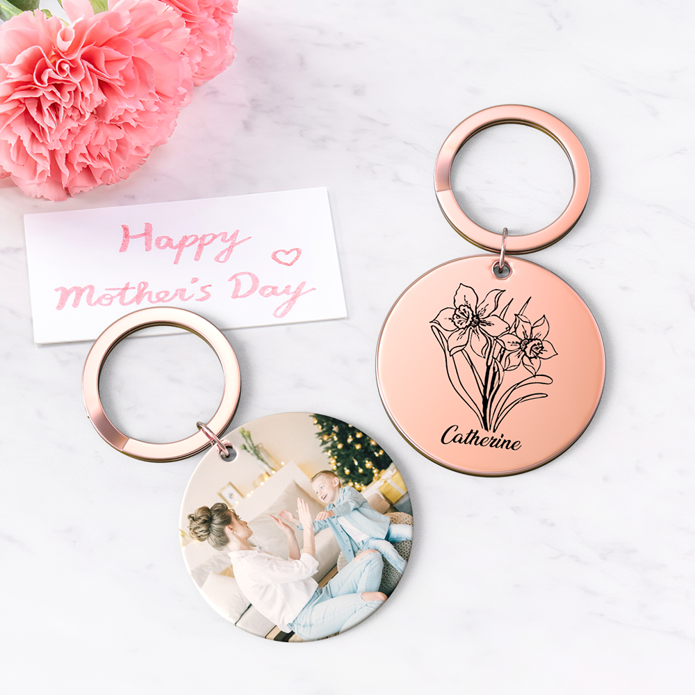 Custom Photo Keychain Personalized Month Flower Mothers Day Gifts for Mum - SantaSocks
