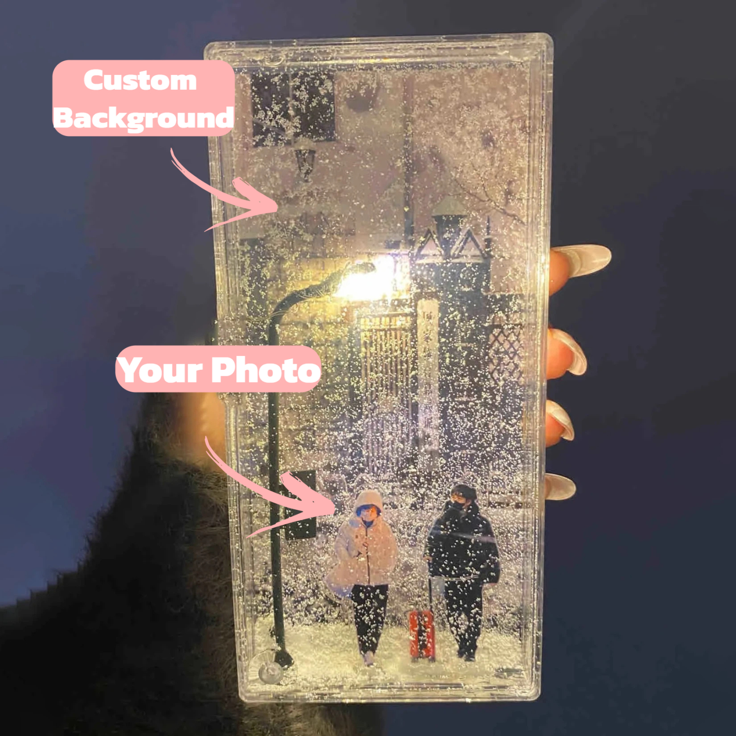 Personalized Snowy Night Street Lamp Christmas Snow Scene Light with Custom Background, Street Lamp Snow Globe, Flowing Snowy Night Light Christmas Decorations Desktop Decor Gifts