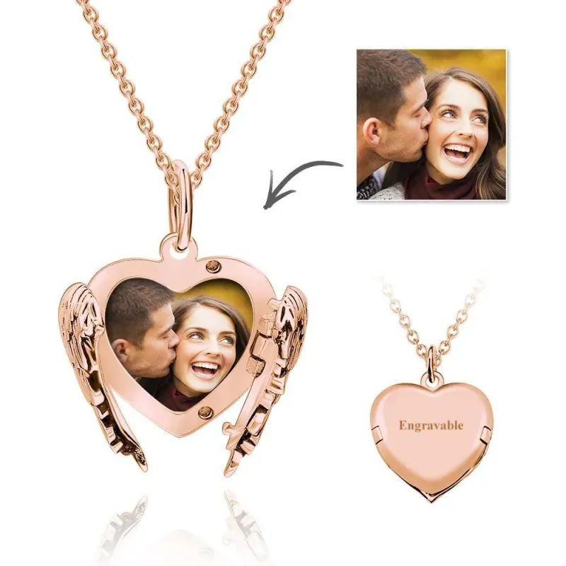 Engravable Photo Locket Necklace Personalized Heart Angel Wings Gift For Her