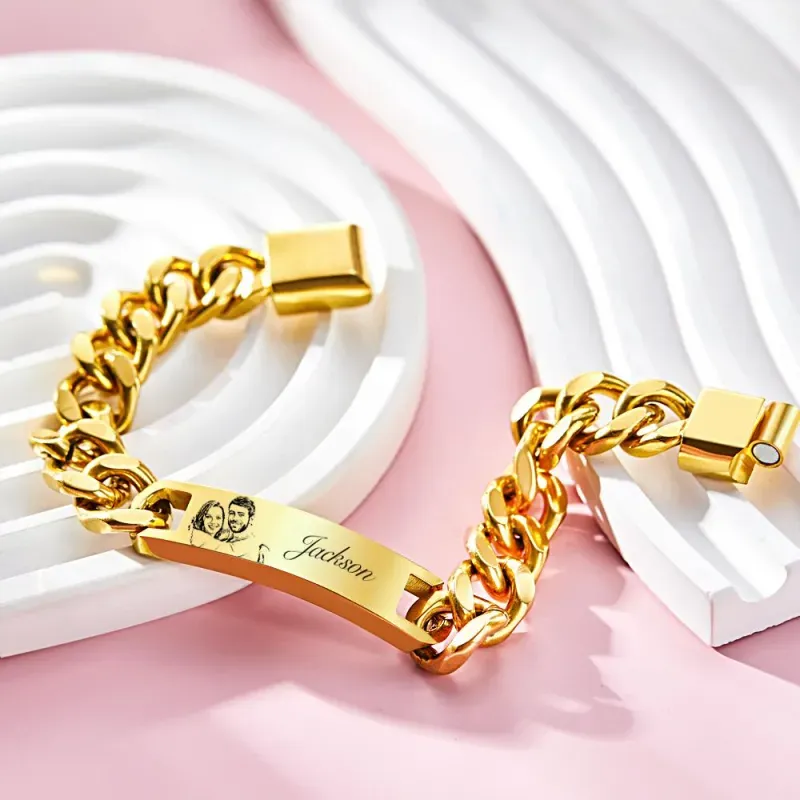 Custom Engraved Men's Bracelet Stainless Steel Photo Vintage Bracelet Jewelry Father's Day Gifts