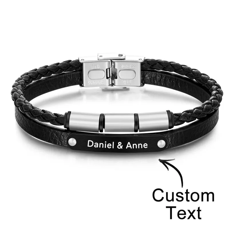 Custom Engraved Multy Layer Retro Style Men's Leather Bracelet