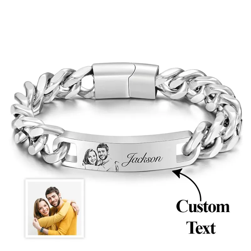 Custom Engraved Men's Bracelet Stainless Steel Photo Vintage Bracelet Jewelry Anniversary Valentine’s Day Gifts