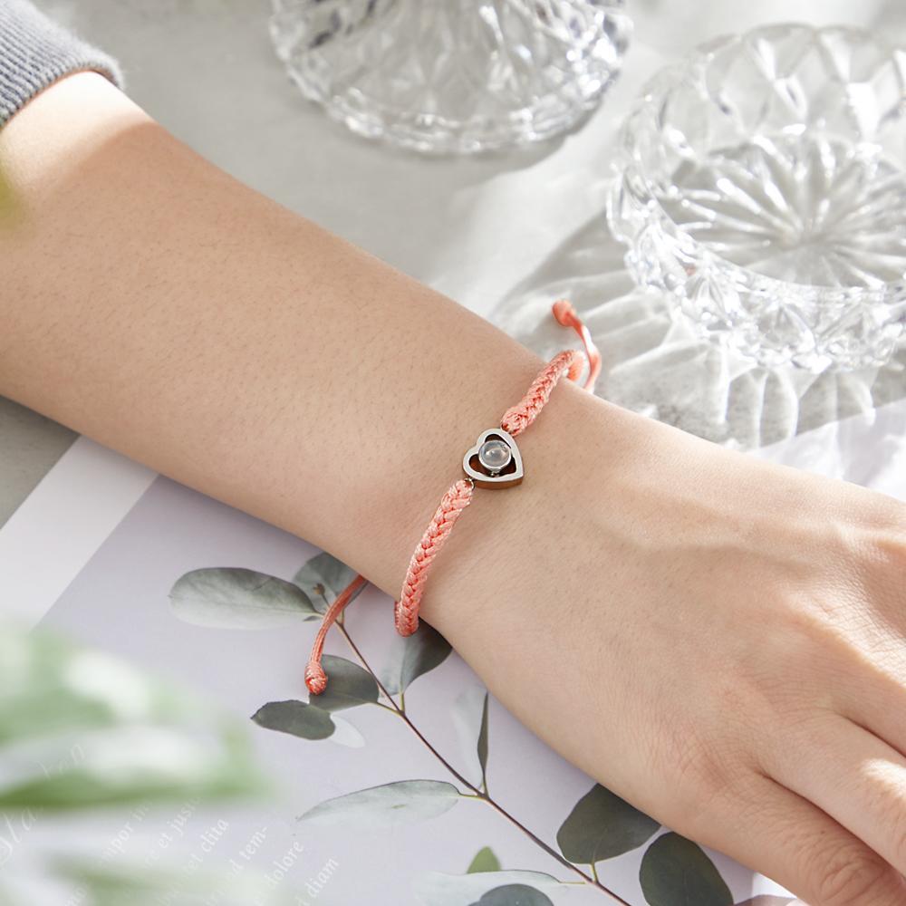 Custom Heart-shaped Photo Projection Bracelet Braided Rope Bracelet Anniversary Gift - MyFaceTshirt