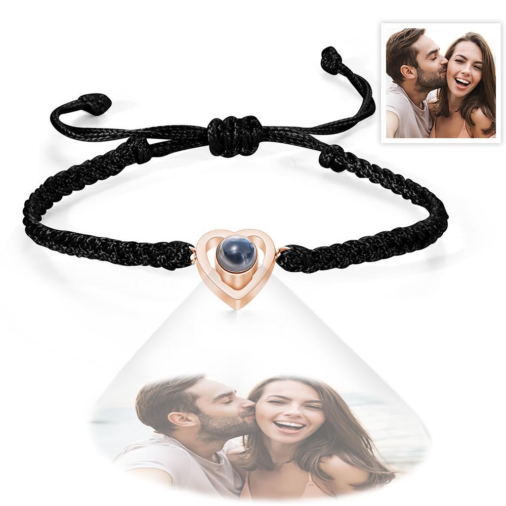 Custom Heart-shaped Photo Projection Bracelet Braided Rope Bracelet Anniversary Gift - MyFaceTshirt