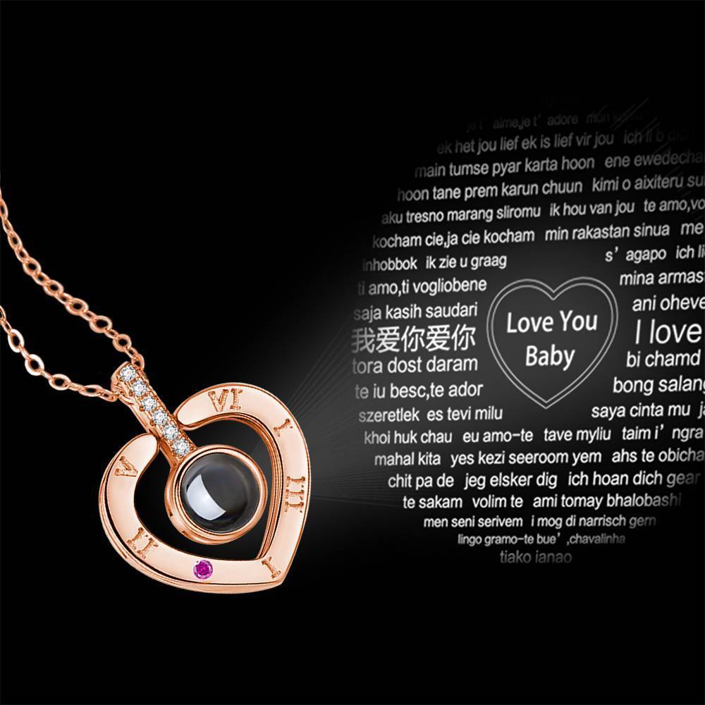 Personalized Engraved With 100 Languages Says I Love You Projection Necklace Heart-shaped Rose Gold - MyFaceTshirt