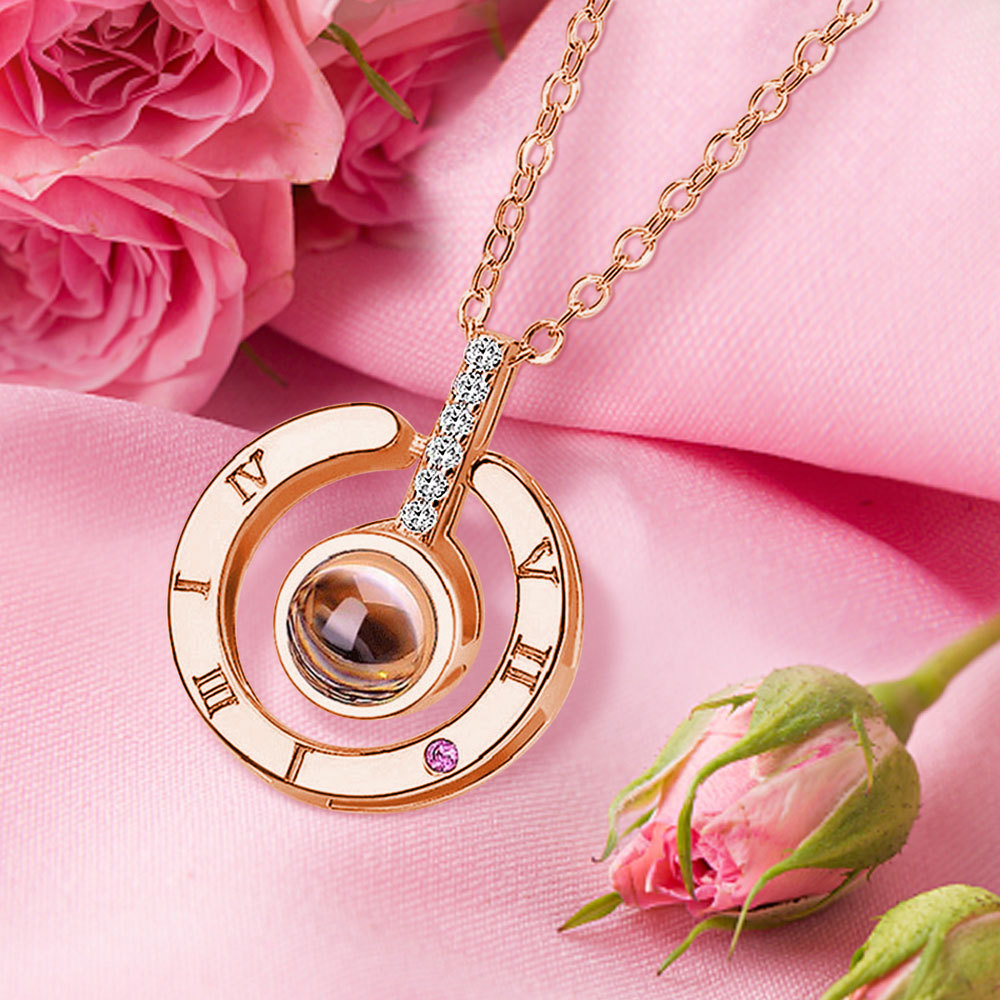 Mother's Day Gift Personalized Engraved With 100 Languages Says I Love You Projection Necklace Round-shaped Rose Gold - MyFaceTshirt