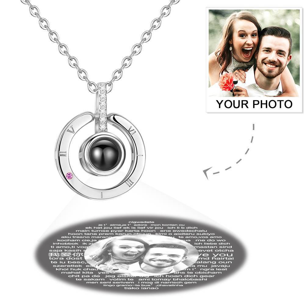 Personalized Photo With 100 Languages Says I Love You Projection Necklace Round-shaped Silver - MyFaceTshirt