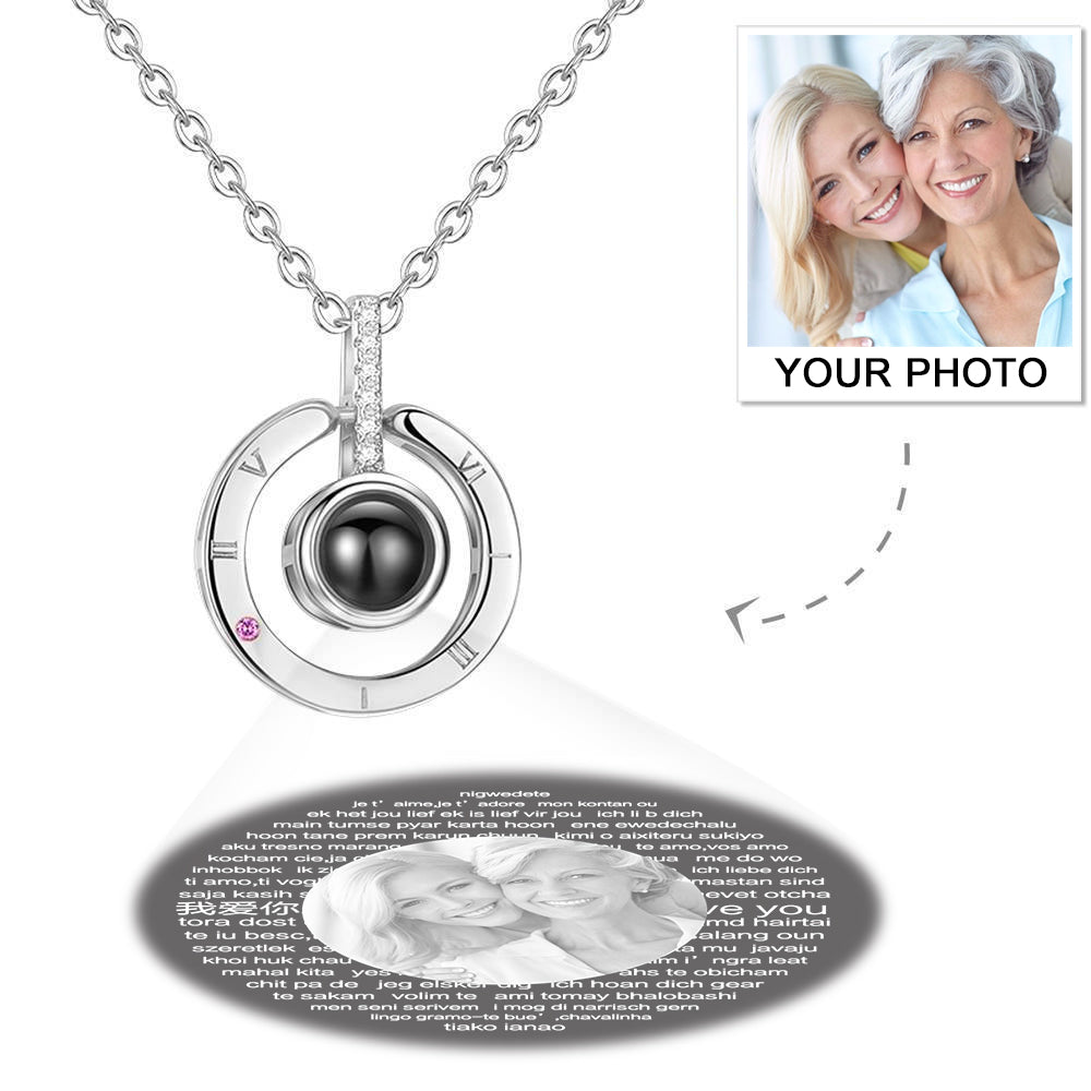 Personalized Photo With 100 Languages Says I Love You Projection Necklace Round-shaped Silver