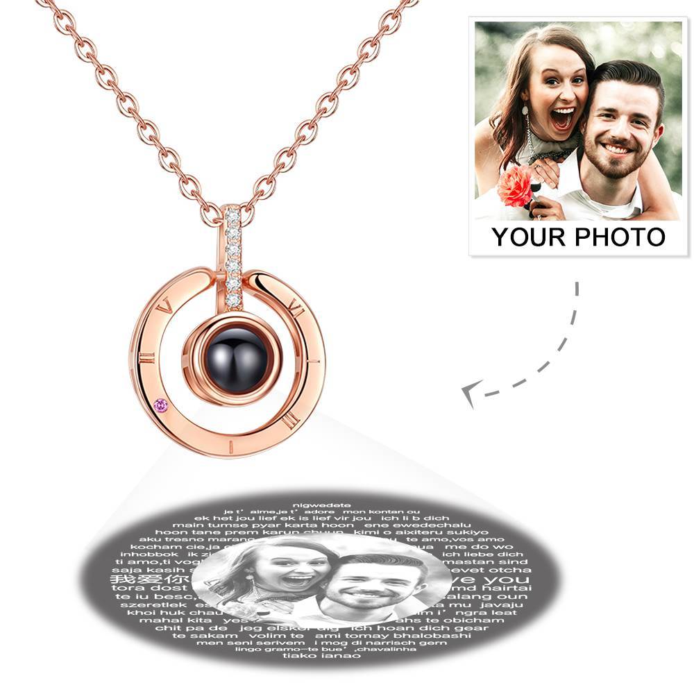 Personalized Photo With 100 Languages Says I Love You Projection Necklace Round-shaped Rose Gold