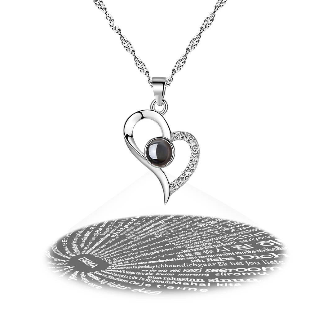 Personalized Engraved With 100 Languages Says I Love You Projection Necklace Love Your Heart Silver