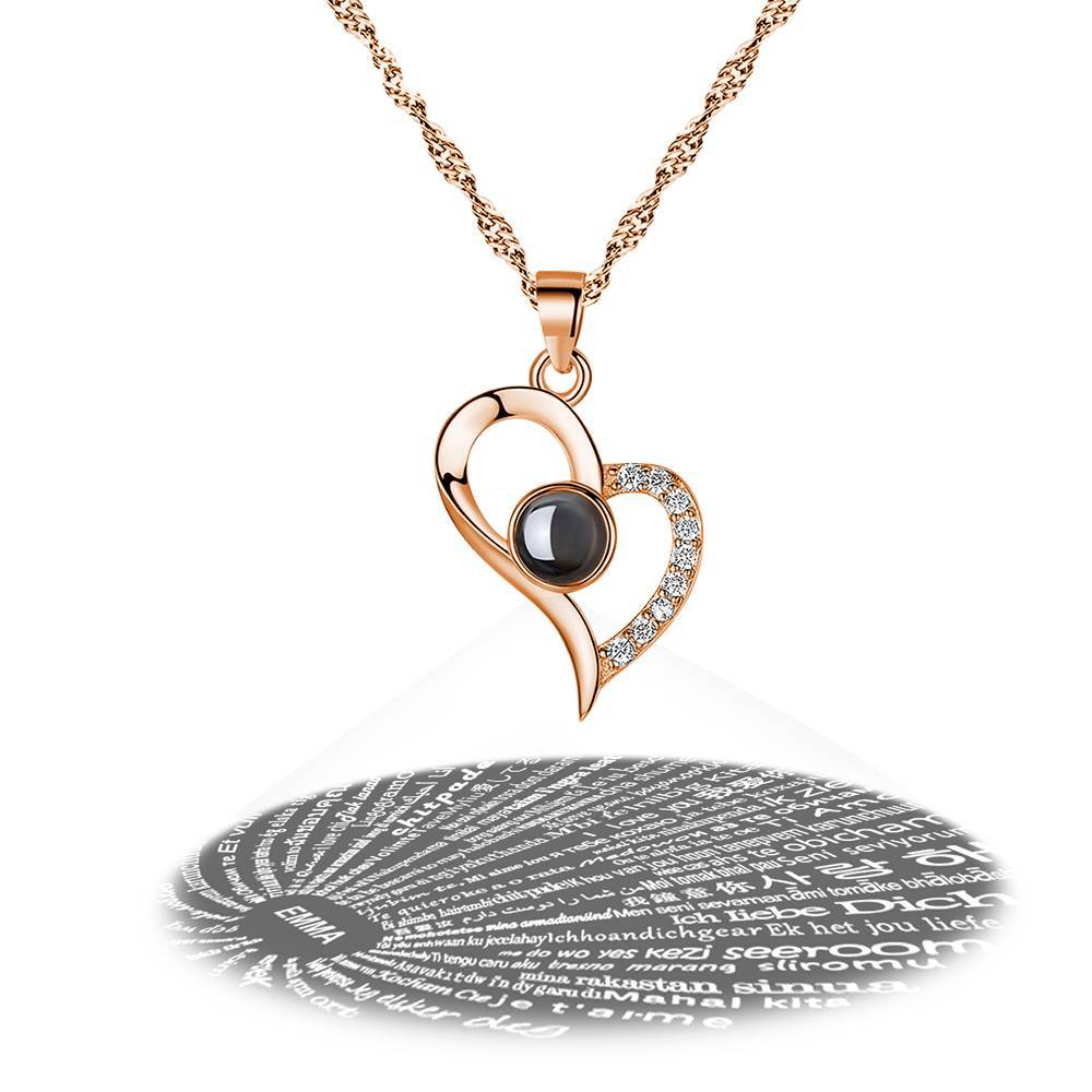 Personalized Engraved With 100 Languages Says I Love You Projection Necklace Love Your Heart Rose Gold - MyFaceTshirt