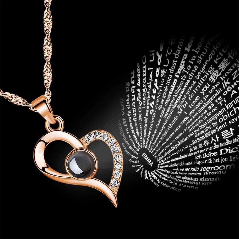 Personalized Engraved With 100 Languages Says I Love You Projection Necklace Love Your Heart Rose Gold - MyFaceTshirt