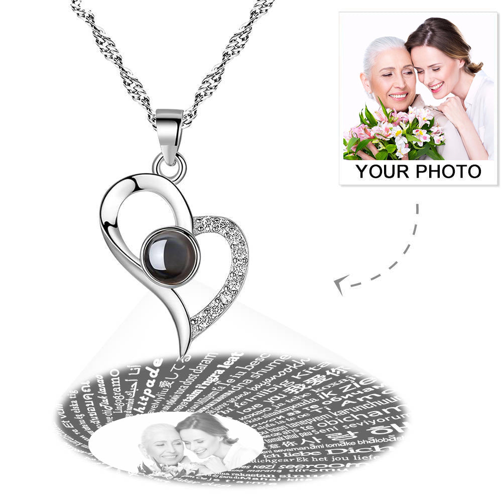 Personalized Photo With 100 Languages Says I Love You Projection Necklace Love Your Heart Silver