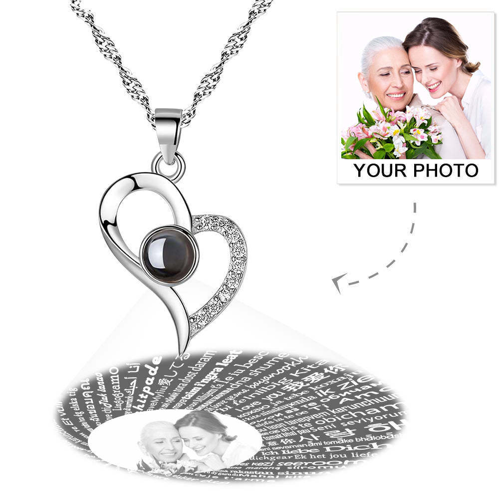 Mother's Day Gift Personalized Photo With 100 Languages Says I Love You Projection Necklace Silver - MyFaceTshirt
