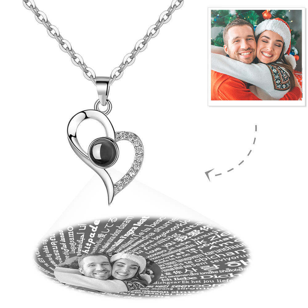 Personalized Photo With 100 Languages Christmas Gift Says I Love You Projection Necklace Love Your Heart Silver - MyFaceTshirt