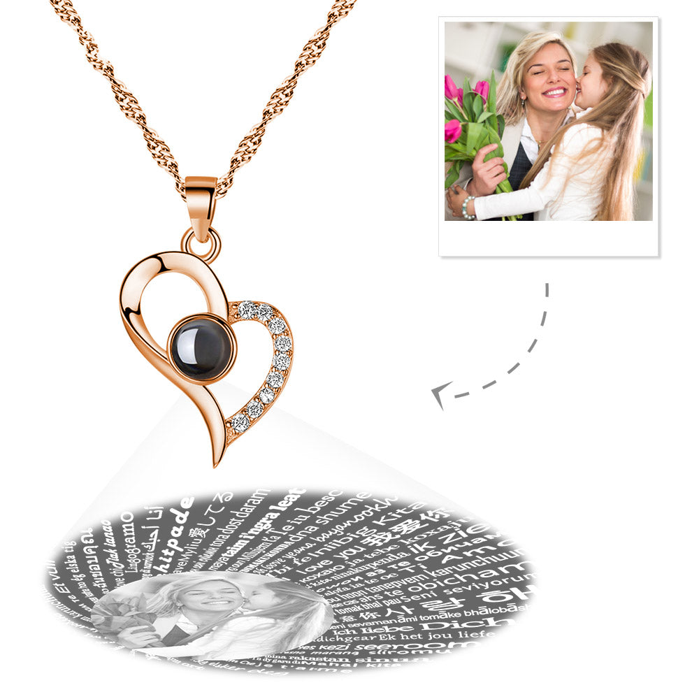 Personalized Photo With 100 Languages Says I Love You Projection Necklace Love Your Heart Rose Gold Mother's Day Gift