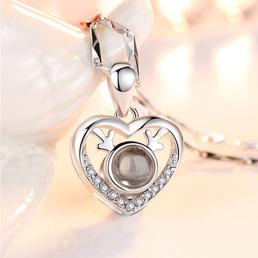 Personalized I Love You Necklace in 100 Languages Projection Engraved Necklace Heart with Antlers Silver - MyFaceTshirt