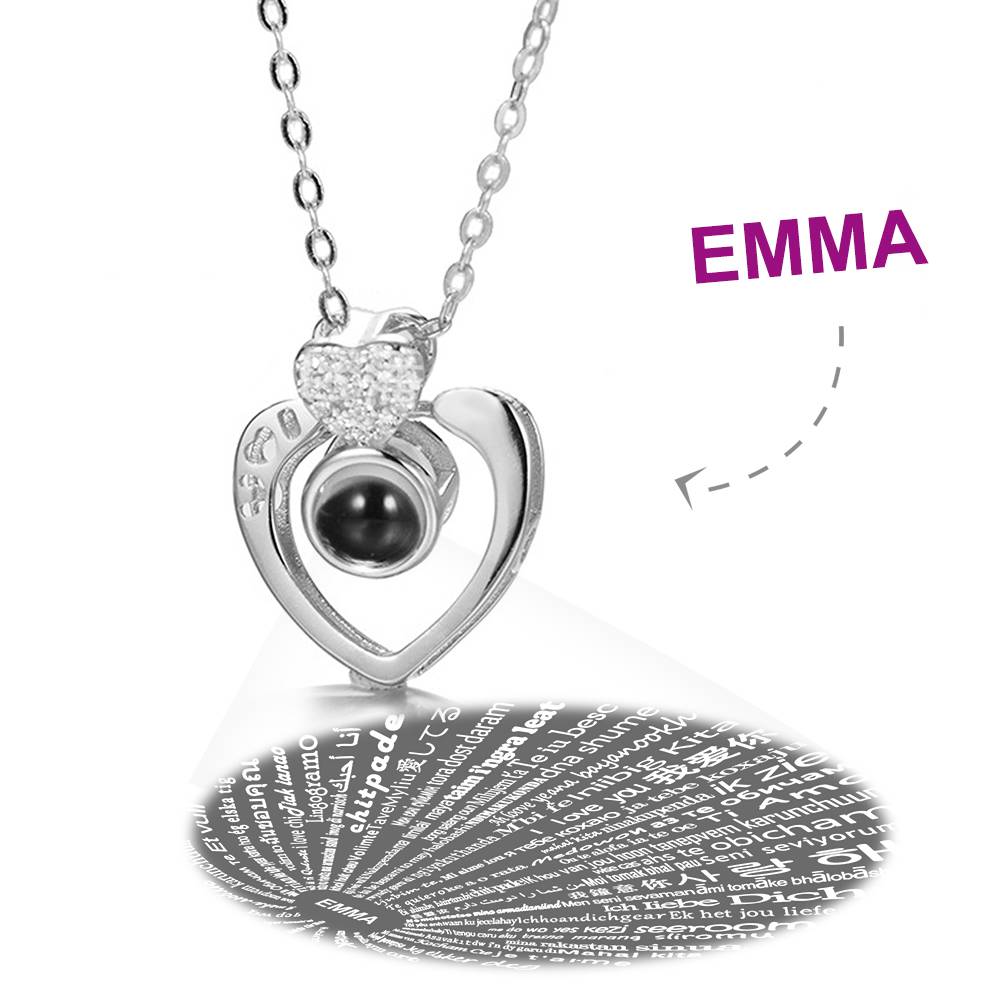 Personalized I Love You Necklace in 100 Languages Projection Engraved Necklace Two Hearts Silver