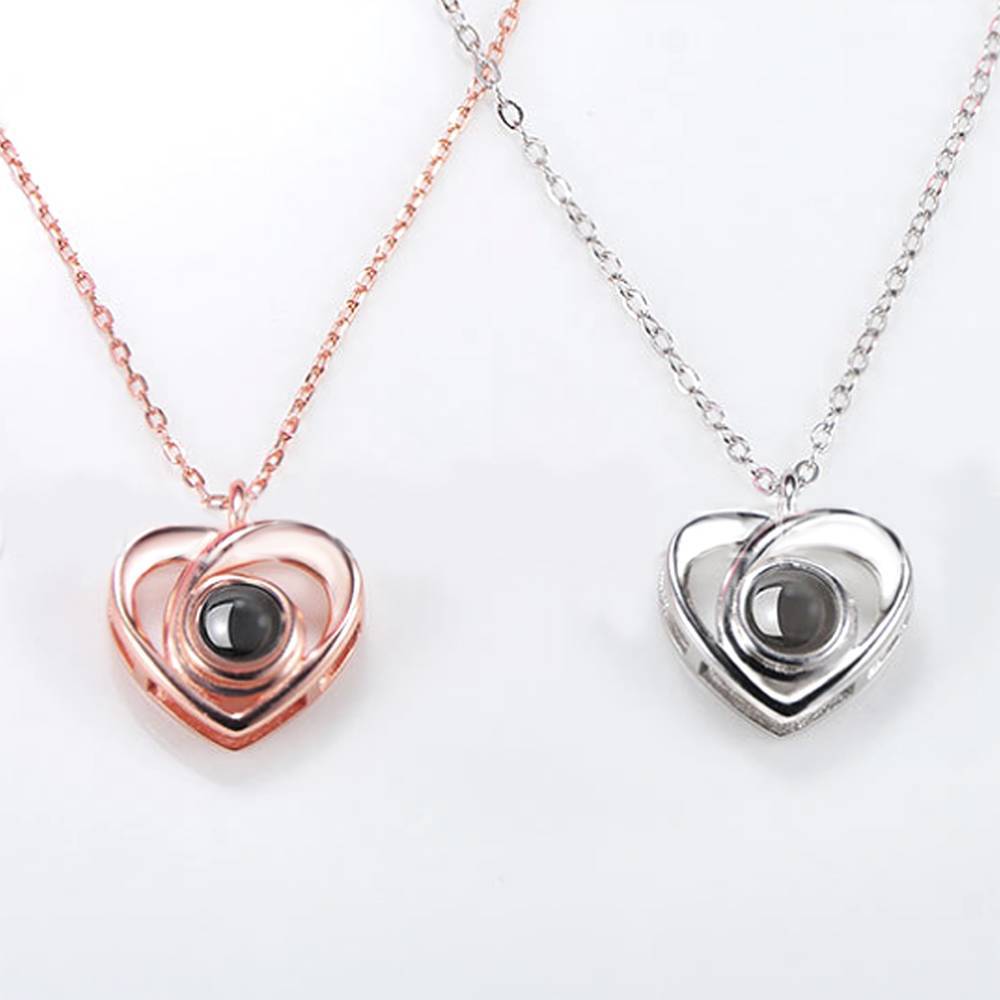 Personalized I Love You Necklace in 100 Languages Projection Photo Engraved Necklace, Elegant Heart Necklace Silver - MyFaceTshirt