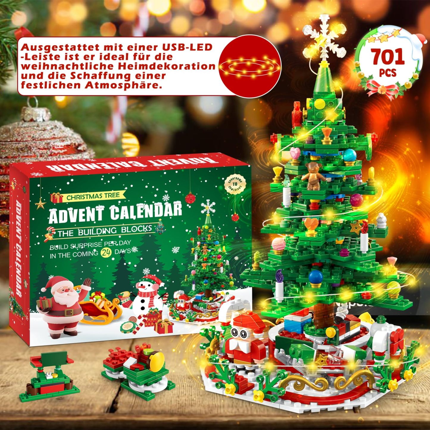 Advent Calendar 2025 Kids for Christmas Tree Building Toy with LED Light Mini Building Blocks,Christmas Countdown 24 in 1 Blocks Toy 701 Pcs,Christmas Building Blocks Toy Gift for Adult Boys and Girls