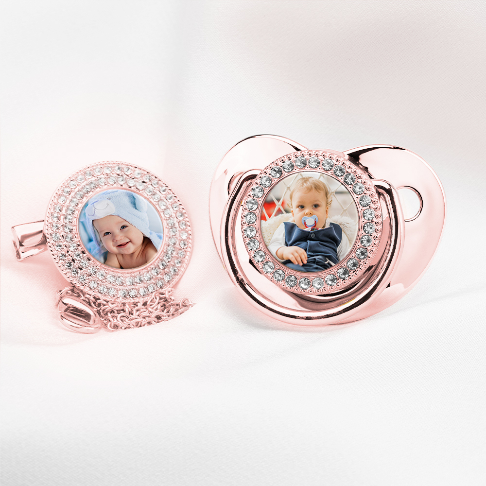 Luxury Personalized Photo Bling Gold Pacifier Set with Clip and Holder Custom Name Baby Gift for Baby Shower - mysiliconefoodbag