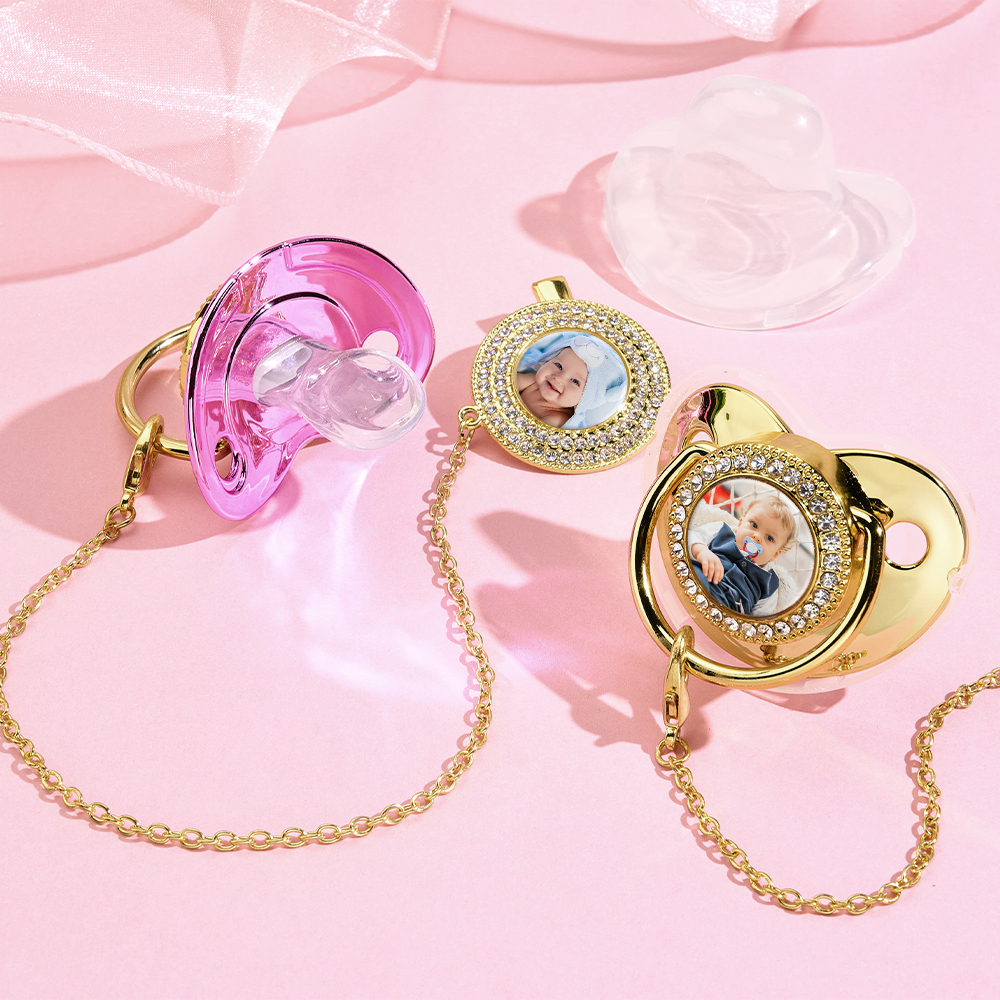 Luxury Personalized Photo Bling Gold Pacifier Set with Clip and Holder Custom Name Baby Gift for Baby Shower - mysiliconefoodbag