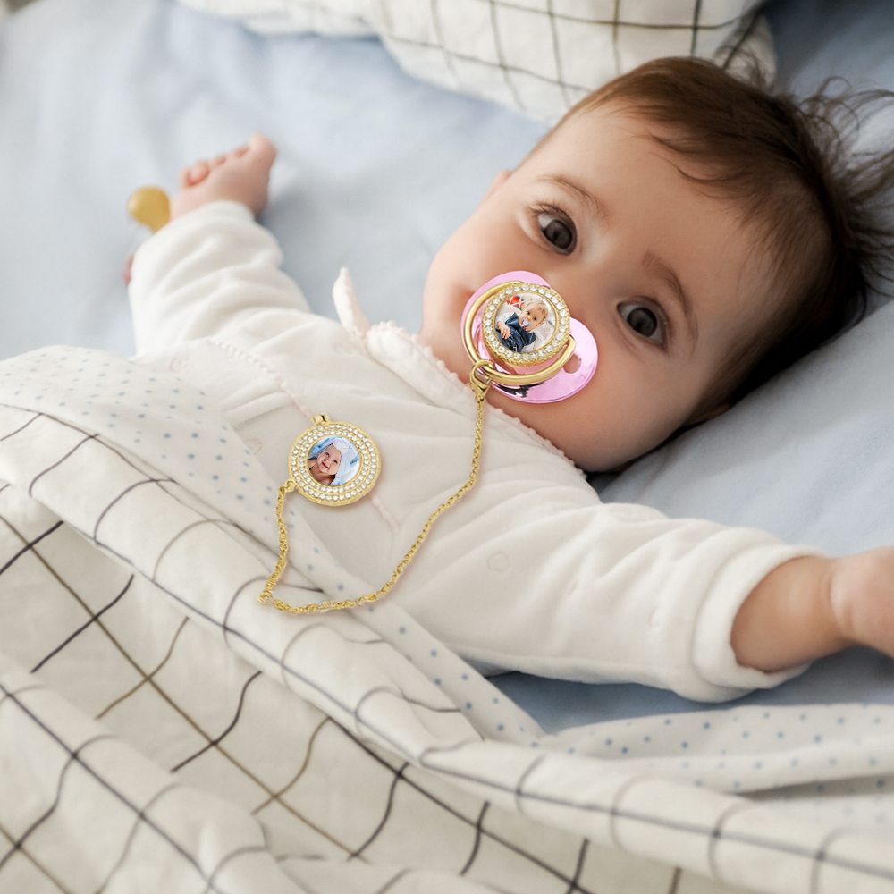 Luxury Personalized Photo Bling Gold Pacifier Set with Clip and Holder Custom Name Baby Gift for Baby Shower - mysiliconefoodbag