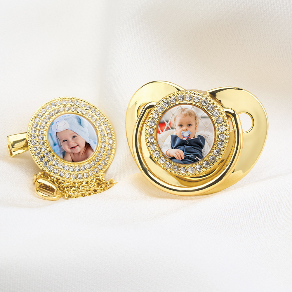 Luxury Personalized Photo Bling Gold Pacifier Set with Clip and Holder Custom Name Baby Gift for Baby Shower - mysiliconefoodbag