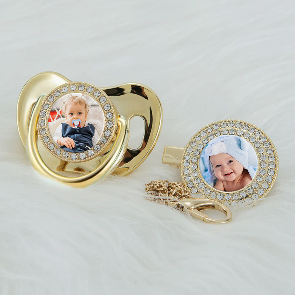 Luxury Personalized Photo Bling Gold Pacifier Set with Clip and Holder Custom Name Baby Gift for Baby Shower - mysiliconefoodbag