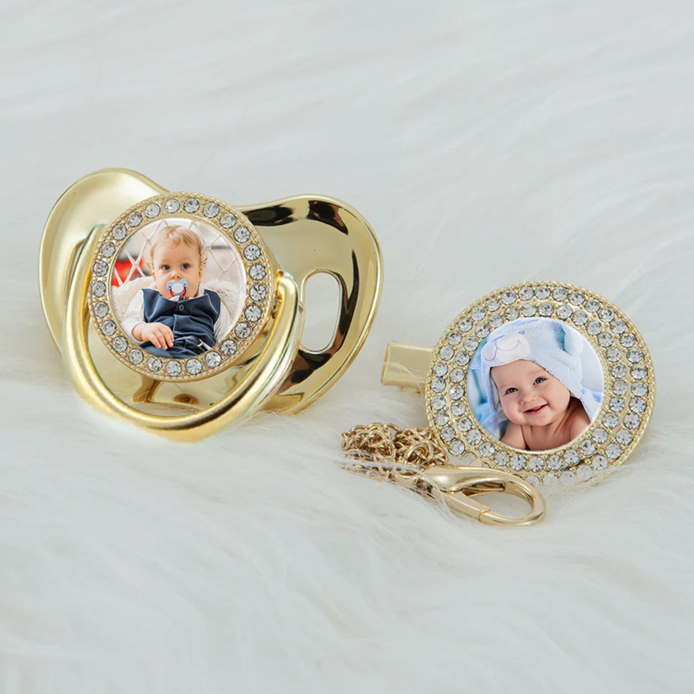 Luxury Personalized Photo Bling Gold Pacifier Set with Clip and Holder Custom Name Baby Gift for Baby Shower - mysiliconefoodbag