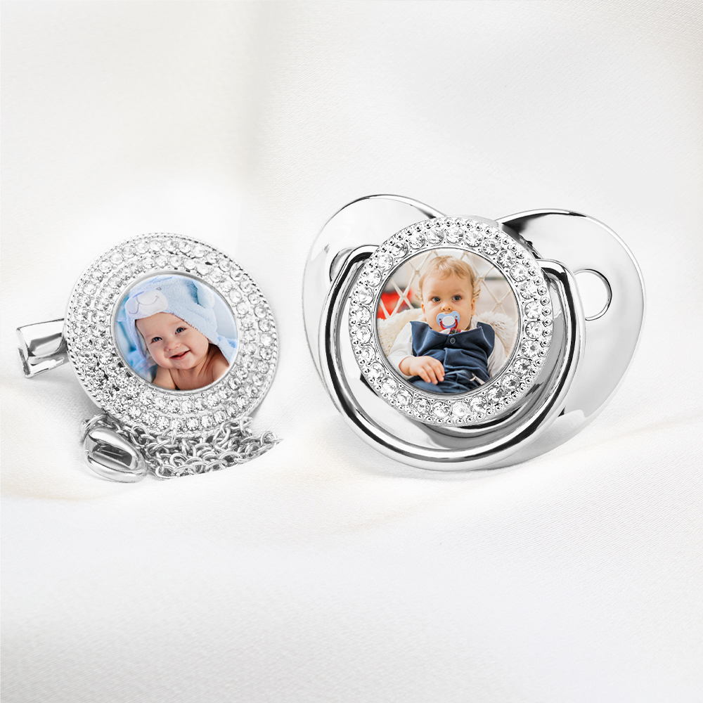 Luxury Personalized Photo Bling Gold Pacifier Set with Clip and Holder Custom Name Baby Gift for Baby Shower - mysiliconefoodbag