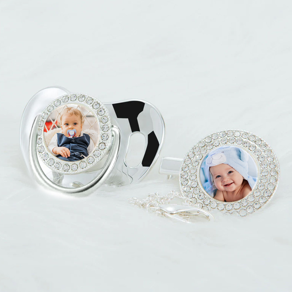 Luxury Personalized Photo Bling Gold Pacifier Set with Clip and Holder Custom Name Baby Gift for Baby Shower - mysiliconefoodbag