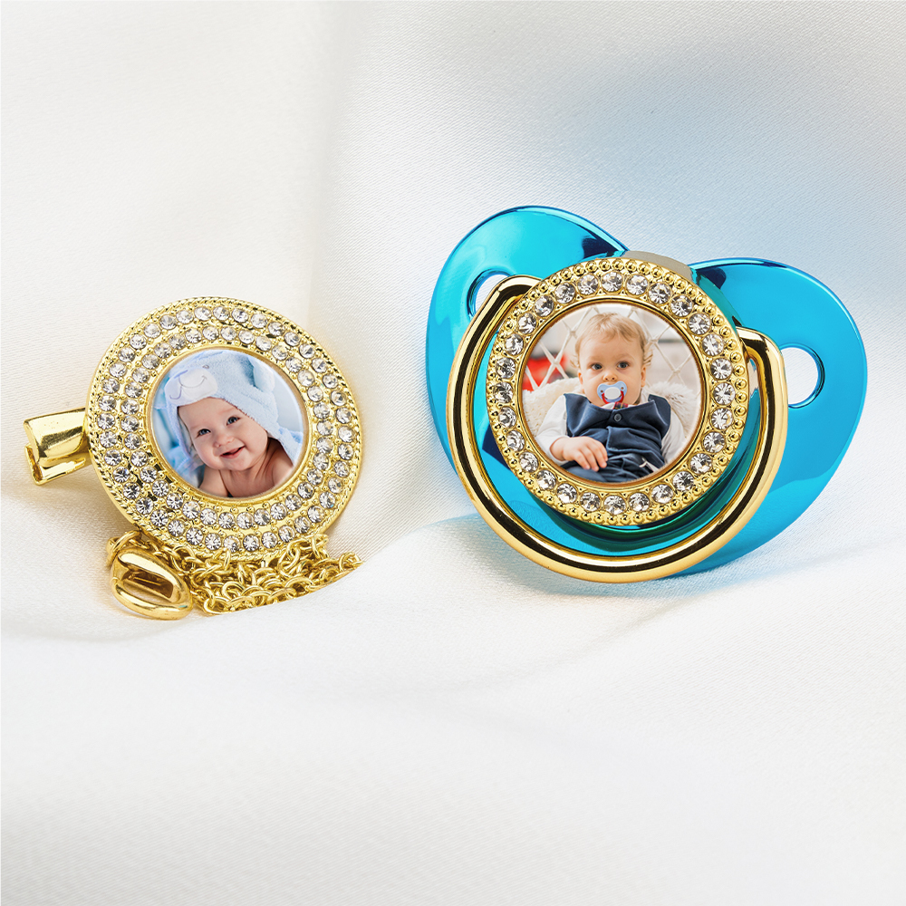 Luxury Personalized Photo Bling Gold Pacifier Set with Clip and Holder Custom Name Baby Gift for Baby Shower - mysiliconefoodbag