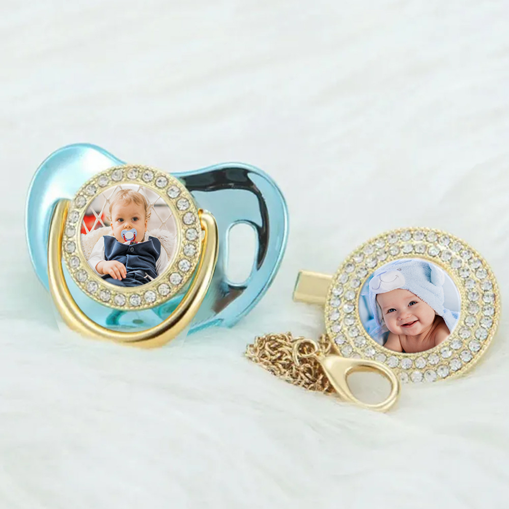 Luxury Personalized Photo Bling Gold Pacifier Set with Clip and Holder Custom Name Baby Gift for Baby Shower - mysiliconefoodbag