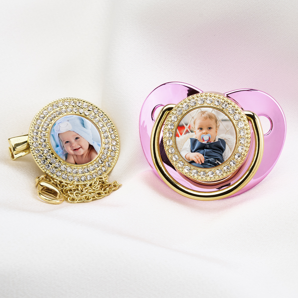 Luxury Personalized Photo Bling Gold Pacifier Set with Clip and Holder Custom Name Baby Gift for Baby Shower - mysiliconefoodbag