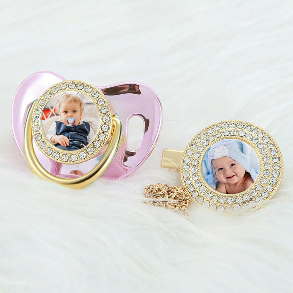 Luxury Personalized Photo Bling Gold Pacifier Set with Clip and Holder Custom Name Baby Gift for Baby Shower - mysiliconefoodbag