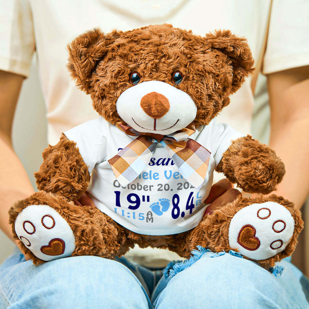 Personalized Bear Plush Stuffed Toy Birth Announcement Gift for Baby Shower - mysiliconefoodbag