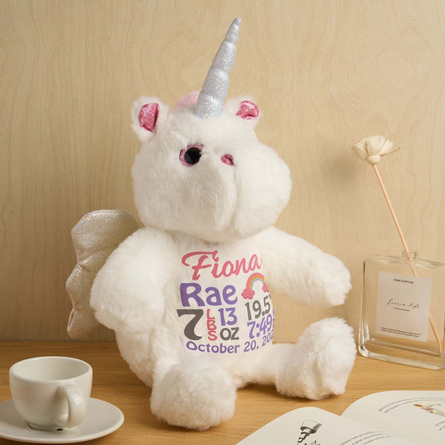 Personalized Unicorn Plush Stuffed Animal Birth Announcement Gift for Baby Shower - mysiliconefoodbag